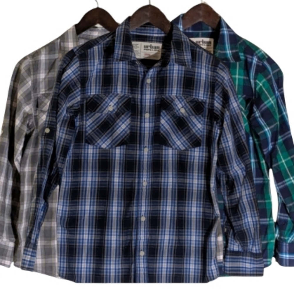 Urban Pipeline Lot Boy's Plaid Button-Down Shirts Blue, Green, Gray Long Sleeve